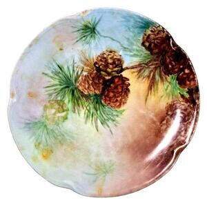 Antique J&C Louise Bavaria 1898-1923 White Brown Green Pine Cones Scalloped